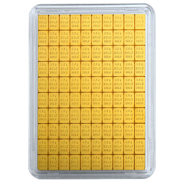 Rückseite des Valcambi CombiBar Goldbarrens 100 x 0,5 g mit teilbaren 0,5-g-Goldbarren