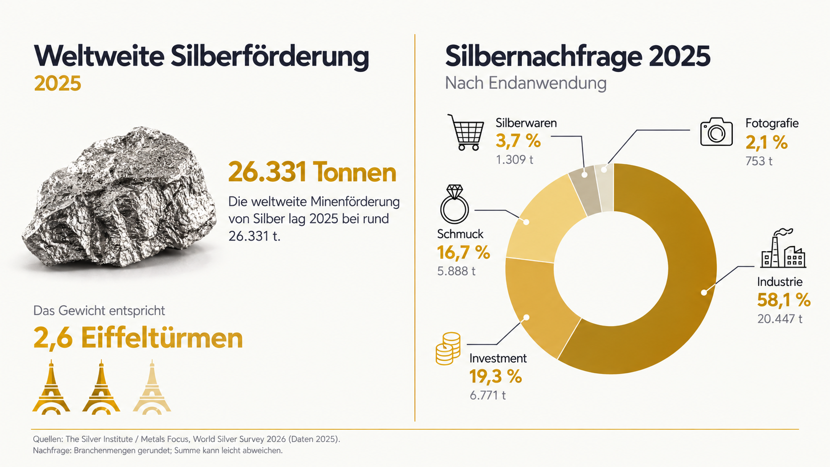 Infografik zur weltweiten Silberförderung von 26.331 Tonnen im Jahr 2025 mit Eiffelturm-Gewichtsvergleich und Nachfrageanteilen von Industrie, Investment und Schmuck.  Kopieren