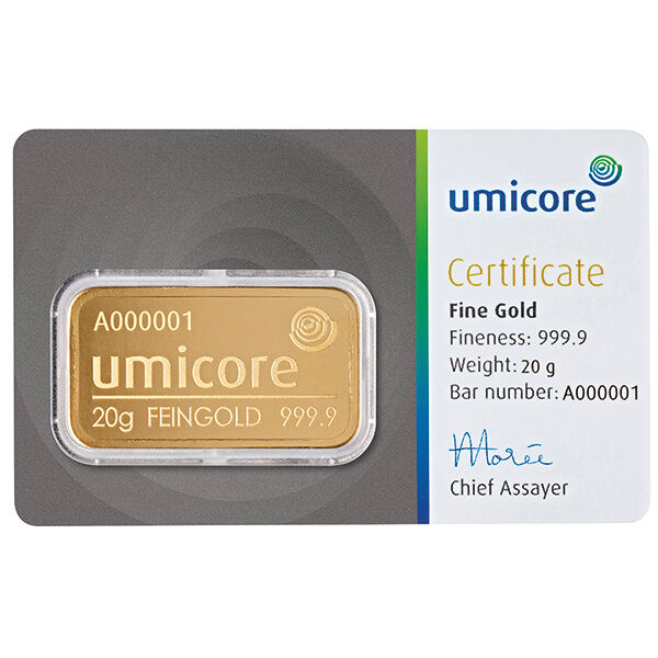 20 g Goldbarren Umicore geprägt 20 g Goldbarren Umicore geprägt