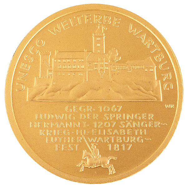 Bildseite der 100 Euro Goldmünze Wartburg 2011 mit der Wartburg als zentrales Motiv
