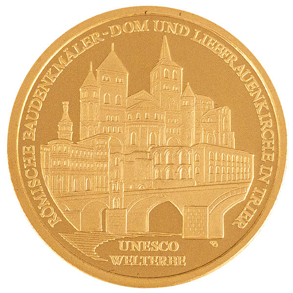 Bildseite der 100 Euro Goldmünze Trier 2009 mit Darstellung des UNESCO Welterbes Trier