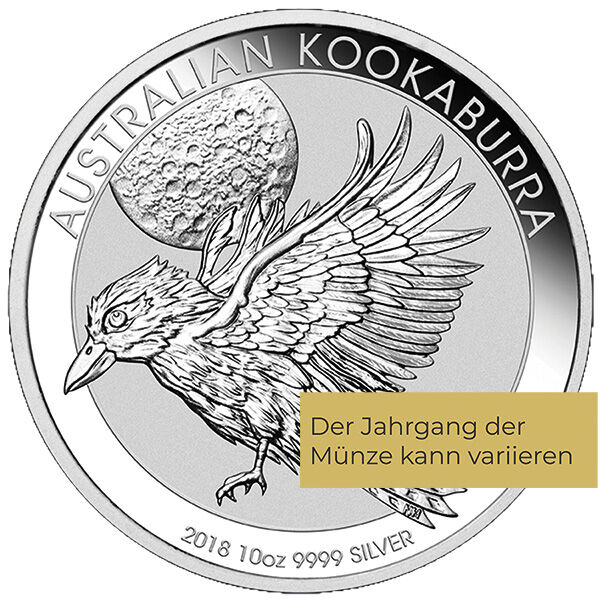Weitere Rückseitenansicht der Australian Kookaburra Silbermünze 10 Unzen 2018 mit Kookaburra-Motiv, Feingewicht und Feingehalt
