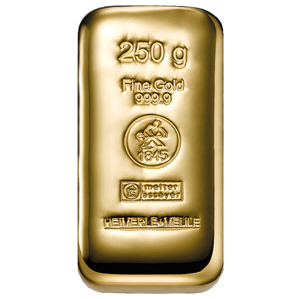 250 g Goldbarren Heimerle und Meule gegossen 250 g Goldbarren Heimerle und Meule gegossen