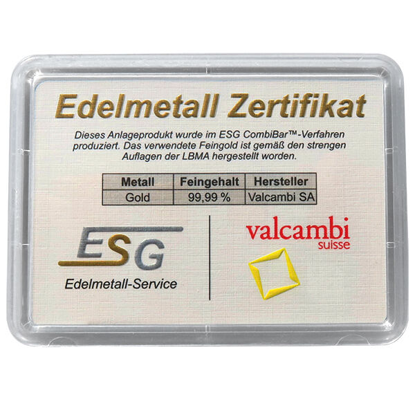 Vorderseite des Valcambi CombiBar Goldbarrens 100 x 0,5 g mit Herstellerlogo, Feingewicht und Feinheitsangabe