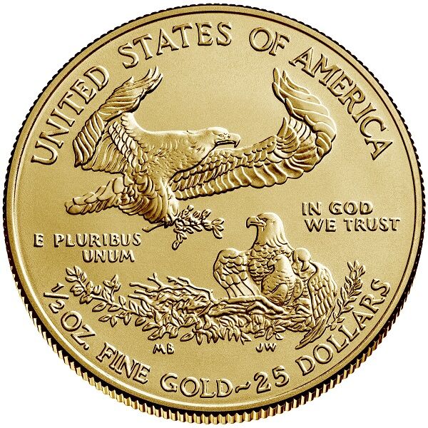 Rückseite der American Eagle Goldmünze 1/2 Unze mit Adler-Motiv und Angaben zu Feingewicht und Feingehalt
