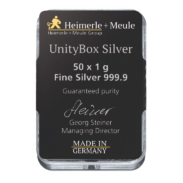 Rückseite der Heimerle + Meule UnityBox mit 50 einzelnen 1 g Silberbarren