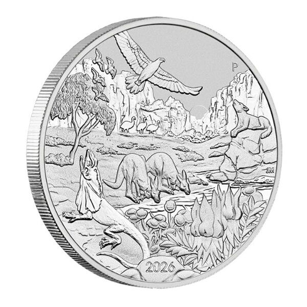Rückseite der Wonders of Australia Outback Silbermünze 1 Unze 2026 mit Outback-Motiv, Feingewicht und Feingehalt