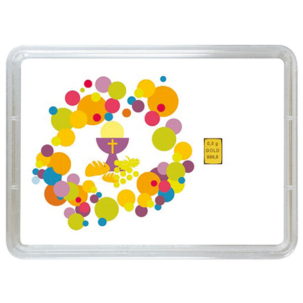 Geschenkebarren in Hartschalenbox mit 1 g Goldbarren zur Kommunion mit christlichem Motiv