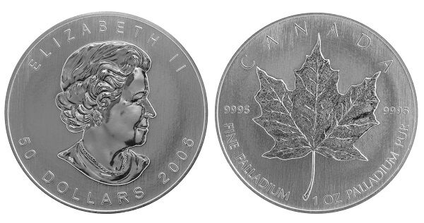 Beidseitige Ansicht einer Maple Leaf Palladiummünze mit Ahornblatt und Porträt von Queen Elizabeth II.