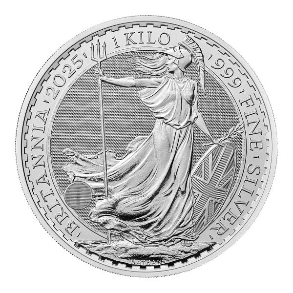 Rückseite der Britannia Silbermünze 1 kg 2025 mit Britannia-Motiv, Feingewicht und Feingehalt