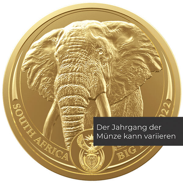 Weitere Vorderseitenansicht der Südafrika Big Five Elephant Goldmünze 1 Unze 2022 mit Elefanten-Motiv