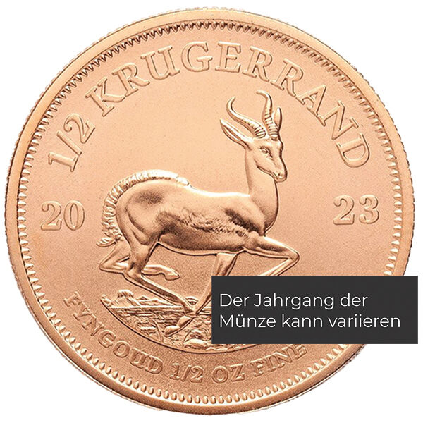 Weitere Rückseitenansicht der Krügerrand Goldmünze 1/2 Unze 2023 mit Springbock-Motiv, Feingewicht und Feingehalt