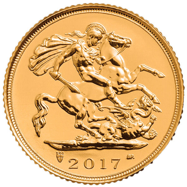 Vorderseite der Sovereign Goldmünze Full Sovereign 1 Pound 2017 mit Monarchenporträt, Nennwert und Jahrgang