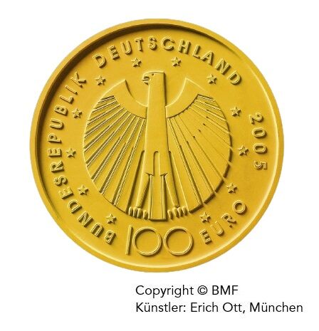 Goldeuro 100 Euro Münze 2005 zur Fussball WM 2006 Rückseite