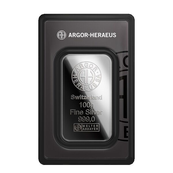 Silberbarren 100 g Argor Heraeus mit Verpackung Vorderseite Moroder Scheideanstalt