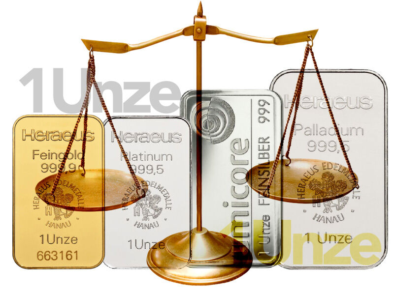 Vergleich einer Unze in verschiedenen Edelmetallen als Erklärung zu Feinunze und Gewichtseinheiten