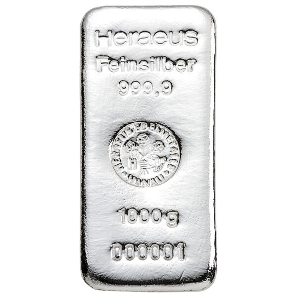 1 kg Heraeus Silberbarren mit Herstellerlogo, Feingewicht und Feinheitsangabe