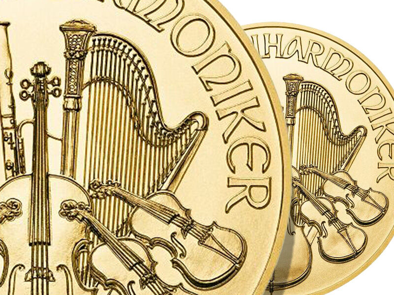 Detailansicht einer Wiener Philharmoniker Goldmünze zur Prüfung von Echtheitsmerkmalen