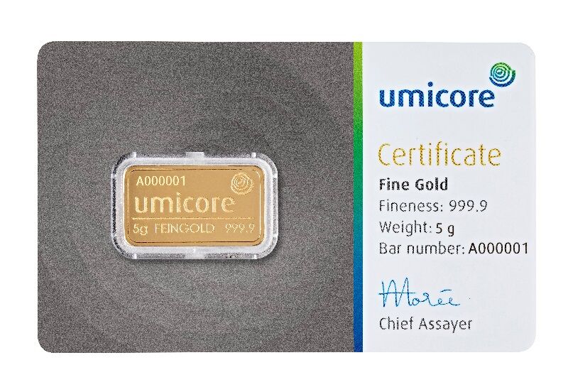 5g Goldbarren im Blister Umicore Vorderseite 5g Goldbarren im Blister Umicore Vorderseite