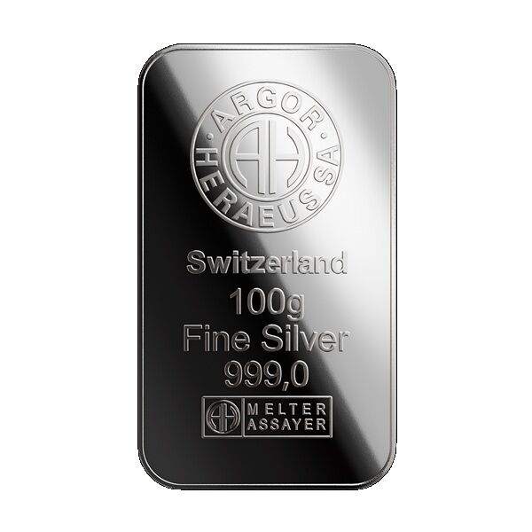 Silberbarren 100 g Argor Heraeus Vorderseite Moroder Scheideanstalt