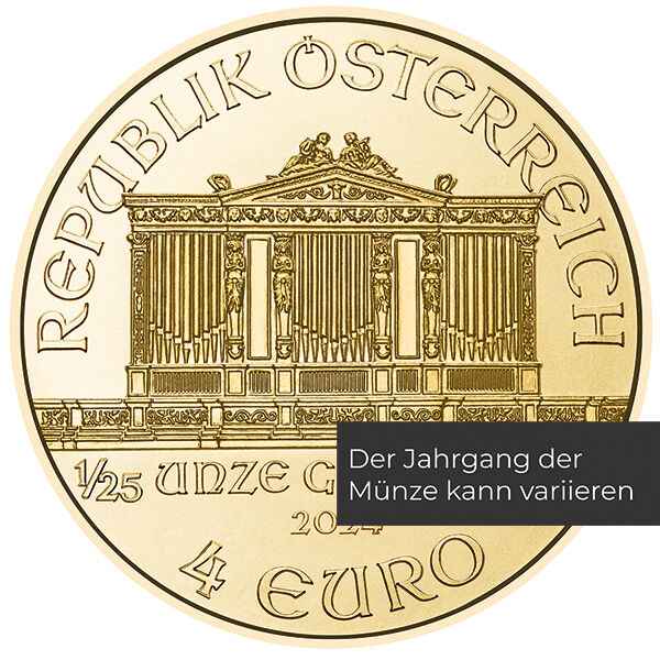 Weitere Vorderseitenansicht der Wiener Philharmoniker Goldmünze 1/4 Unze 2024 mit Orgelmotiv, Nennwert und Jahrgang