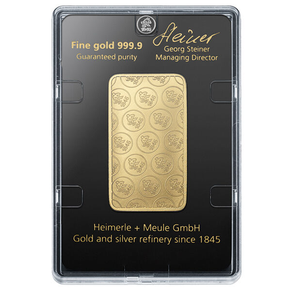 50 g Goldbarren Heimerle und Meule geprägt 50 g Goldbarren Heimerle und Meule geprägt