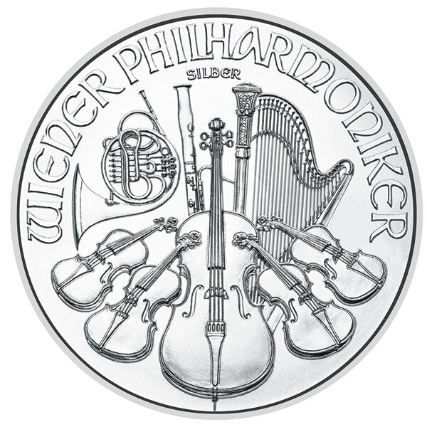 1 Unze Silber Wiener Philharmoniker (diverse Jahrgänge) Vorderseite der Silbermünze Wiener Philharmoniker mit den typischen Instrumenten
